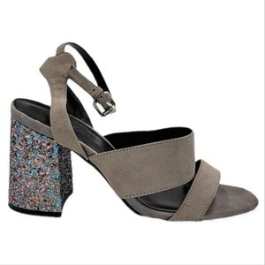 Topshop Glitter Chunky 3.5" Heel Open Toe Ankle Strap Grey Size 8